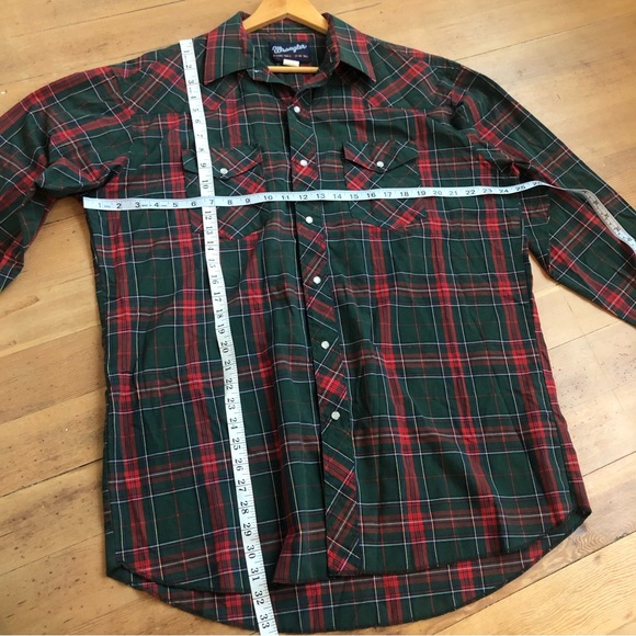 Wrangler Vintage Red Green Plaid Cotton button up X-LONG TAILS 17-36 TALL - Picture 12 of 13